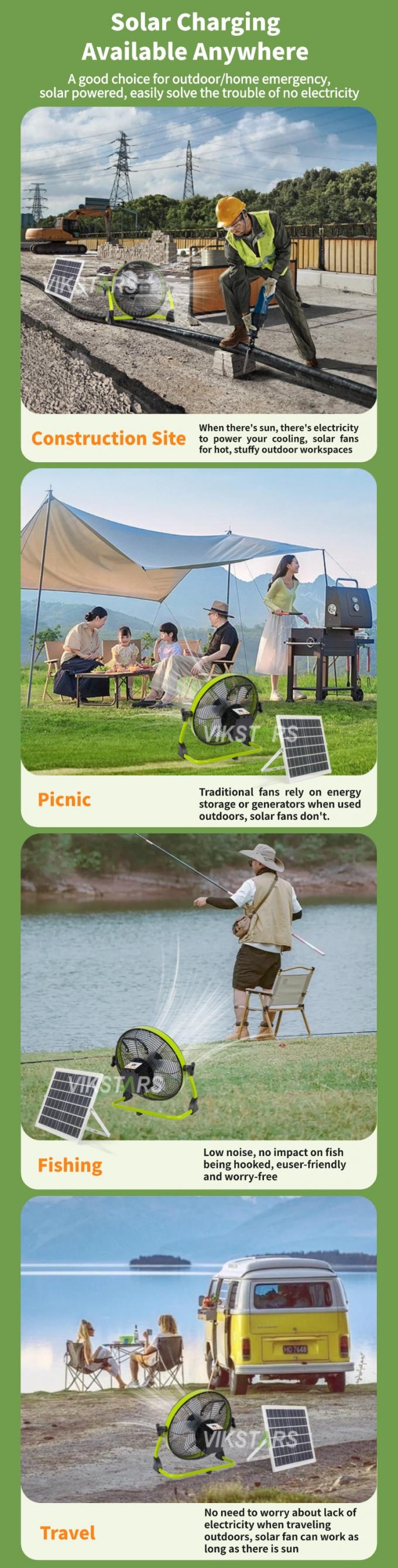 야외 휴대용 팬 재충전 가구 비상 12 인치 14 인치 태양 바닥 팬 조용한 태양 전력 팬 2