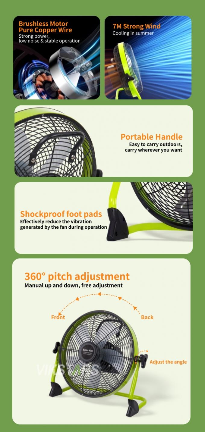 야외 휴대용 팬 재충전 가구 비상 12 인치 14 인치 태양 바닥 팬 조용한 태양 전력 팬 8